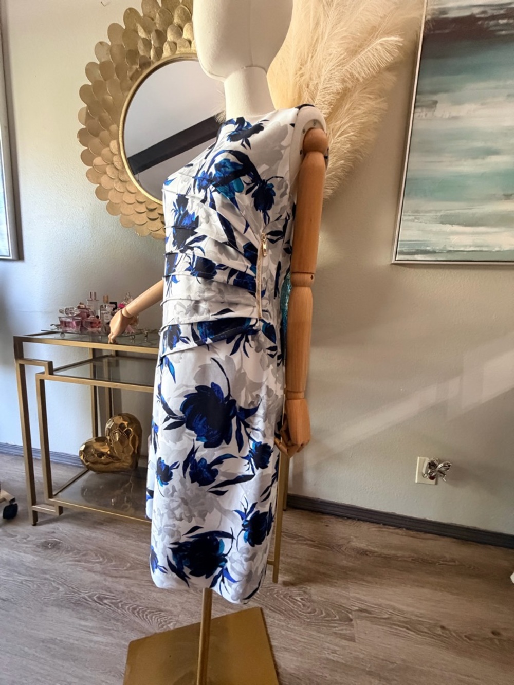Ivanka Trump White Midi Dress with Blue Floral Pattern - Picture 6 of 11